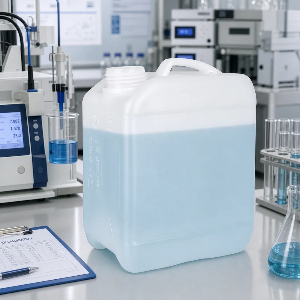 Bidón de plástico transparente de 2,5 litros con un líquido azul claro en un entorno de laboratorio