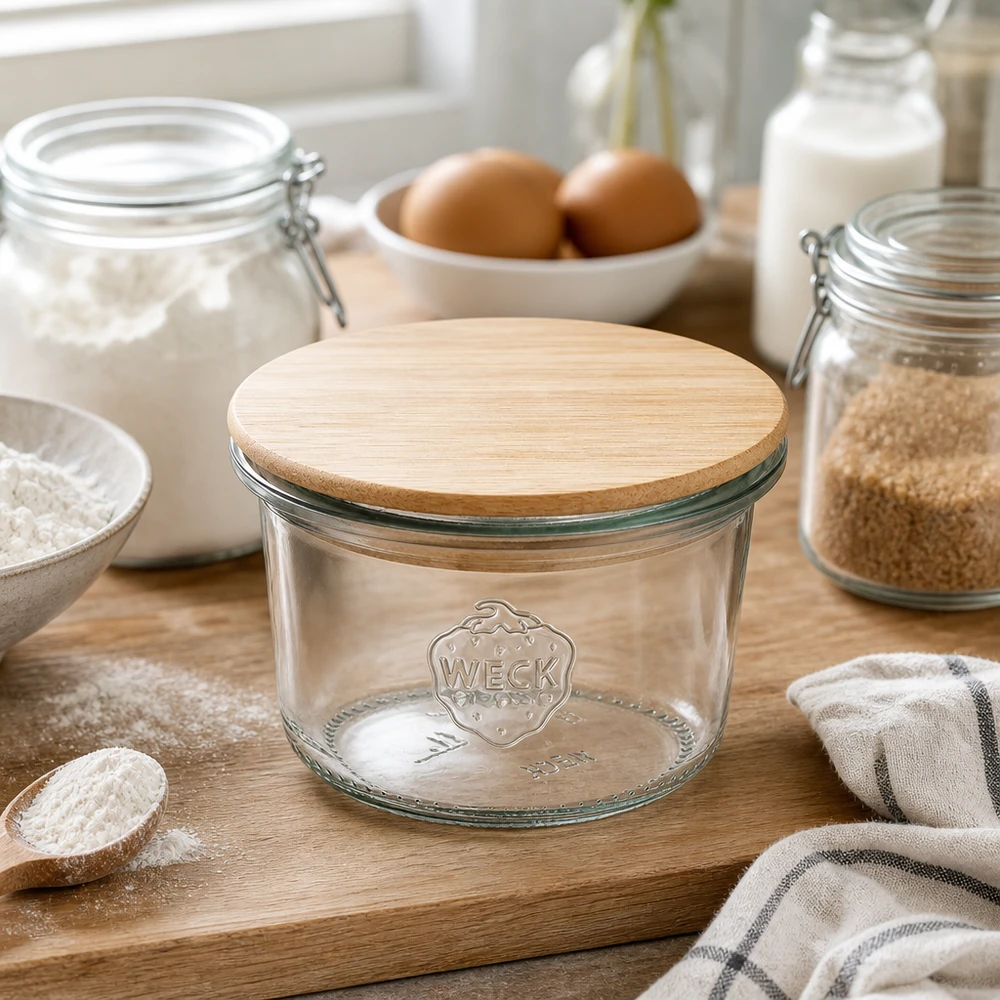 Vasos de 80ml WECK RR60 con tapa de madera Vaso WECK 80ml RR60 con tapa de bambú sobre tabla de madera rodeado de ingredientes de repostería harina huevos y leche en una cocina moderna