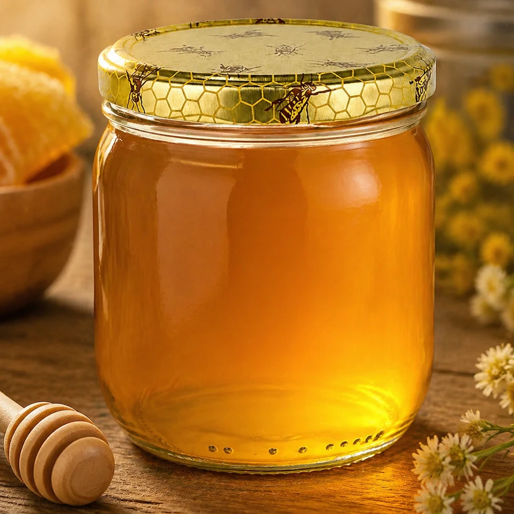 Tarro para miel de 500 g con tapa con diseño de panal BasicSeal UNiTWIST 500g Honigglas mit goldenem Honig gefüllt neben Honiglöffel und Blüten auf rustikalem Holztisch arrangiert