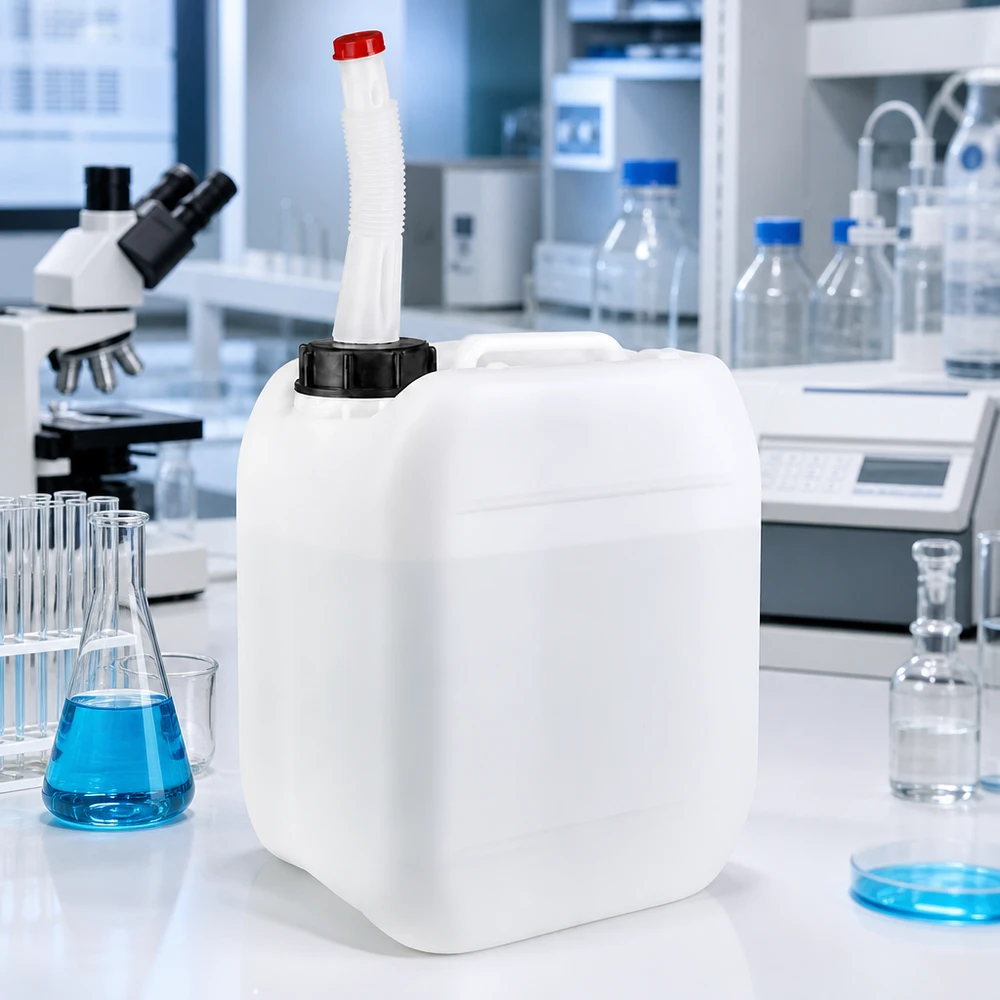 Bidón de 5 litros con tubo de salida flexible Bidón de HDPE de 5 litros apto para uso alimentario con tubo de salida flexible, para uso profesional en laboratorio
