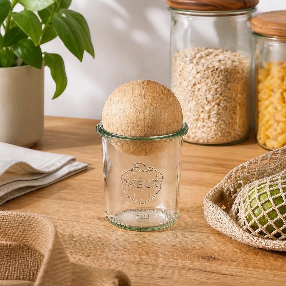 WECK RR60 Tarro de 160 ml con tapa de haya sobre una mesa de madera, rodeado de utensilios de cocina sostenibles.
