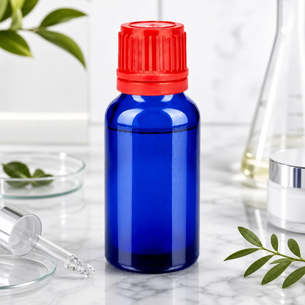 Frasco 20ml 11mm tapón rosca rojo con precinto BlueLine UT18/20 Frasco de laboratorio compacto de 20 ml en azul cobalto con tapón de rosca rojo a prueba de niños
