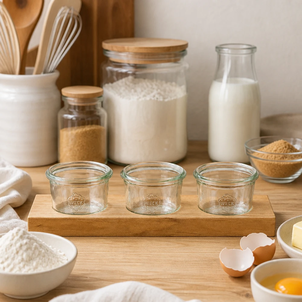 Plano3 tabla de servir con 3 vasos vacíos Weck de 80 ml sobre encimera de madera entre ingredientes para hornear y utensilios de cocina