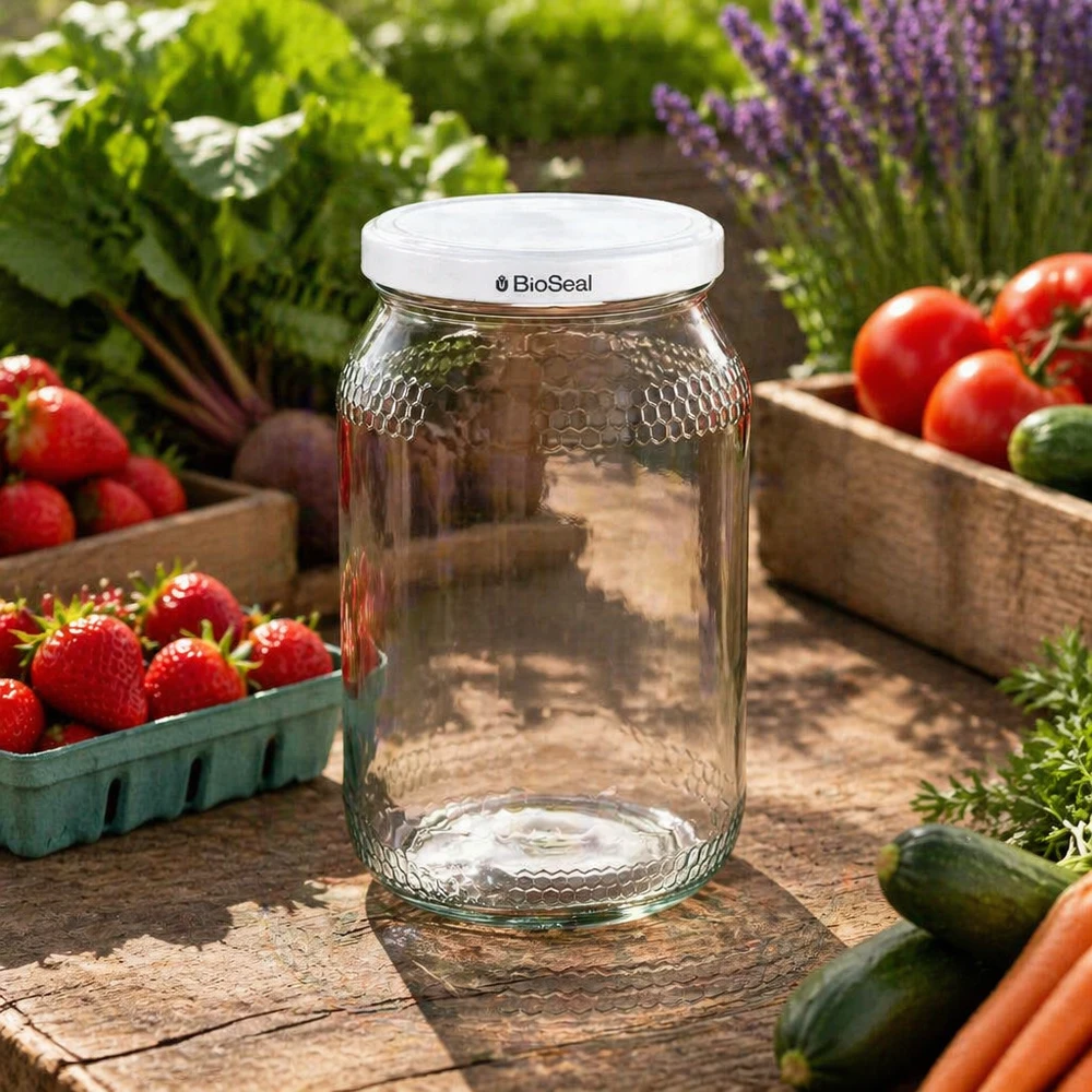 Tarro de miel de 900 ml con tapa BioSeal en el jardín entre fresas frescas, tomates y hierbas como tarro de conserva
