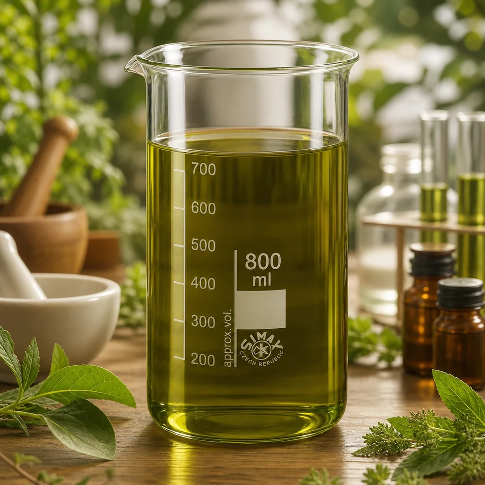 Vaso de precipitados de 800 ml, de forma alta, con extracto de hierbas verde sobre una mesa de madera, rodeado de hierbas medicinales frescas