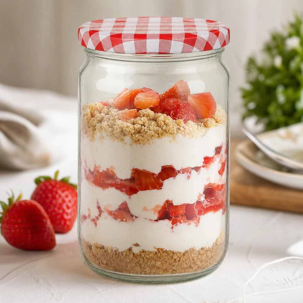 Tarro redondo de 795 ml con tapa BasicSeal como tarro de postre con fresas, nata y virutas, perfecto para postres dulces