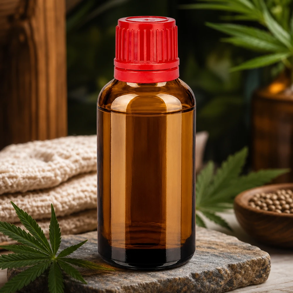 Frasco boticario de 30 ml de vidrio marrón con tapón rojo para una dosificación precisa de las esencias