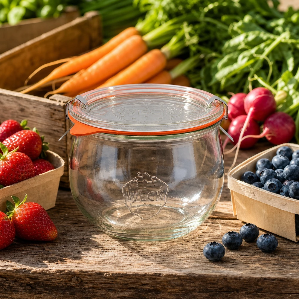 Tarro tulipán WECK 580ml RR100 rodeado de frutas y verduras frescas en una mesa de madera perfecta para la conservación natural