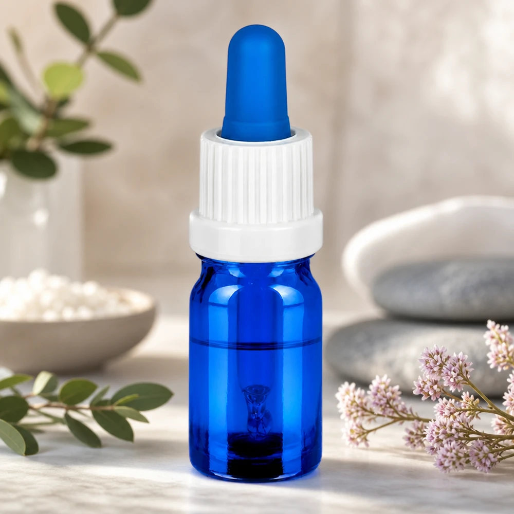 Frasco cuentagotas profesional de 5 ml con vidrio azul y tapón blanco para aceites de aromaterapia