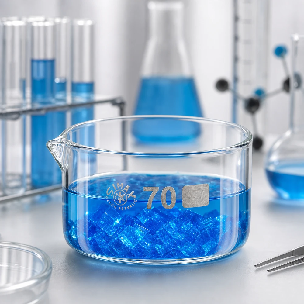 Cristalizador de 100ml con pico de borosilicato ø70mm Bandeja de cristalización Simax de 100 ml con líquido azul y cristales sobre la mesa de trabajo del laboratorio
