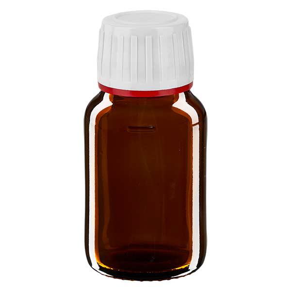Frasco medicamento 30ml marrón, tapón blanco con precinto rojo ApoGlas Frasco medicamento 30ml marrón, tapón blanco con precinto rojo ApoGlas