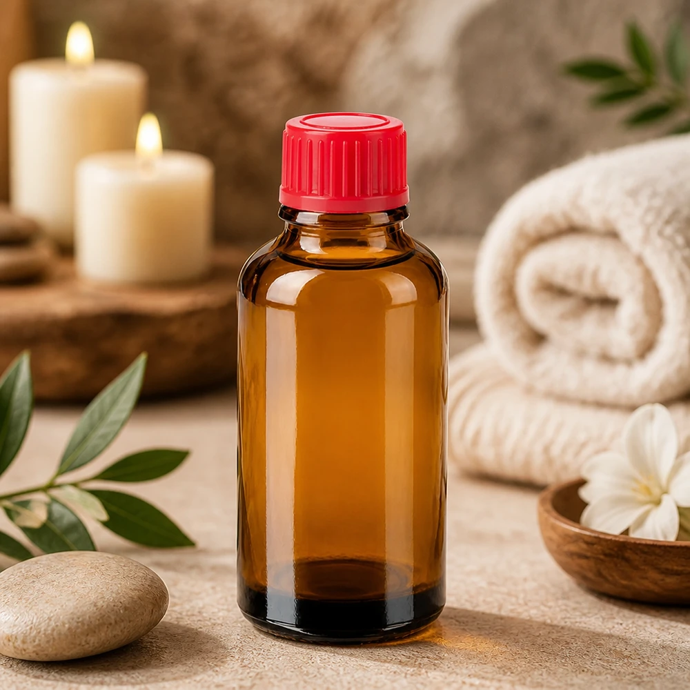 Pequeño frasco de vidrio de 30 ml de color ámbar cálido ideal para cosméticos y productos de cuidado