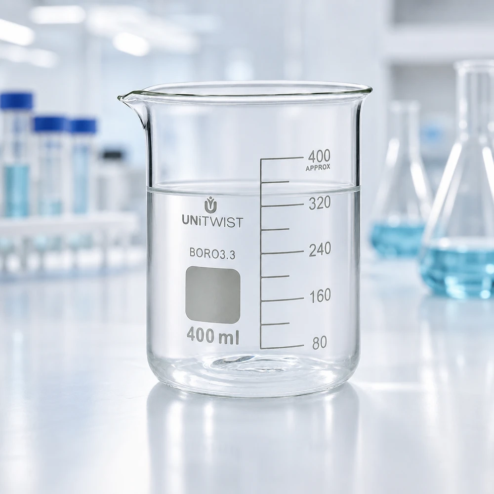 Vaso de precipitados UNiTWIST de 400 ml de borosilicato 3.3 con pico vertedor y material de laboratorio blanco al fondo