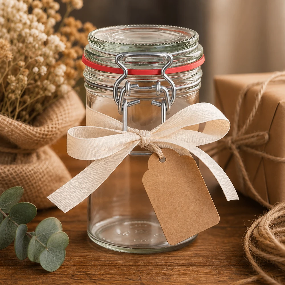 Tarro de 272 ml con tapa oscilante y precinto rojo, decorado con lazo beige y colgante sobre tabla de madera