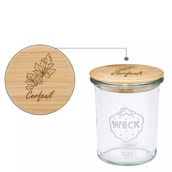 Couvercle en bois "Cerfeuil" avec WECK verre plongeant 160ml Couvercle en bois "Cerfeuil" avec WECK verre plongeant 160ml
