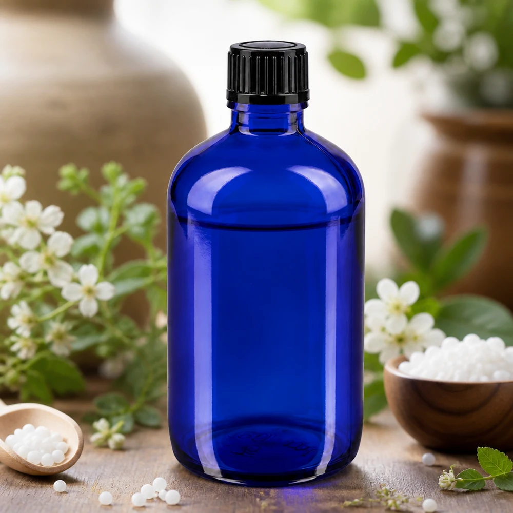 Frasco de cristal azul cobalto de 100 ml con gotero de 1 mm, con un fondo de hierbas y gránulos homeopáticos