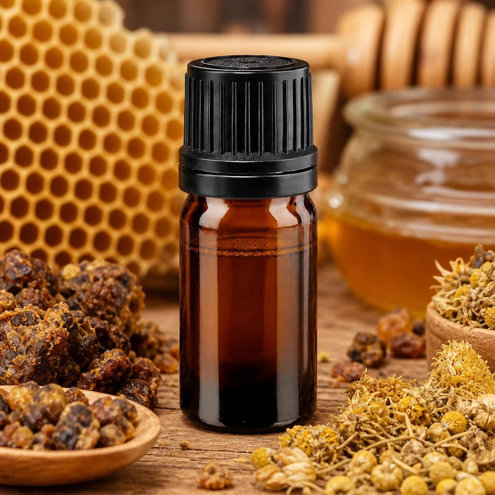 Frasco pequeño de farmacia de 5 ml, de cristal marrón con tapón negro, con motivos de panal de abeja y miel