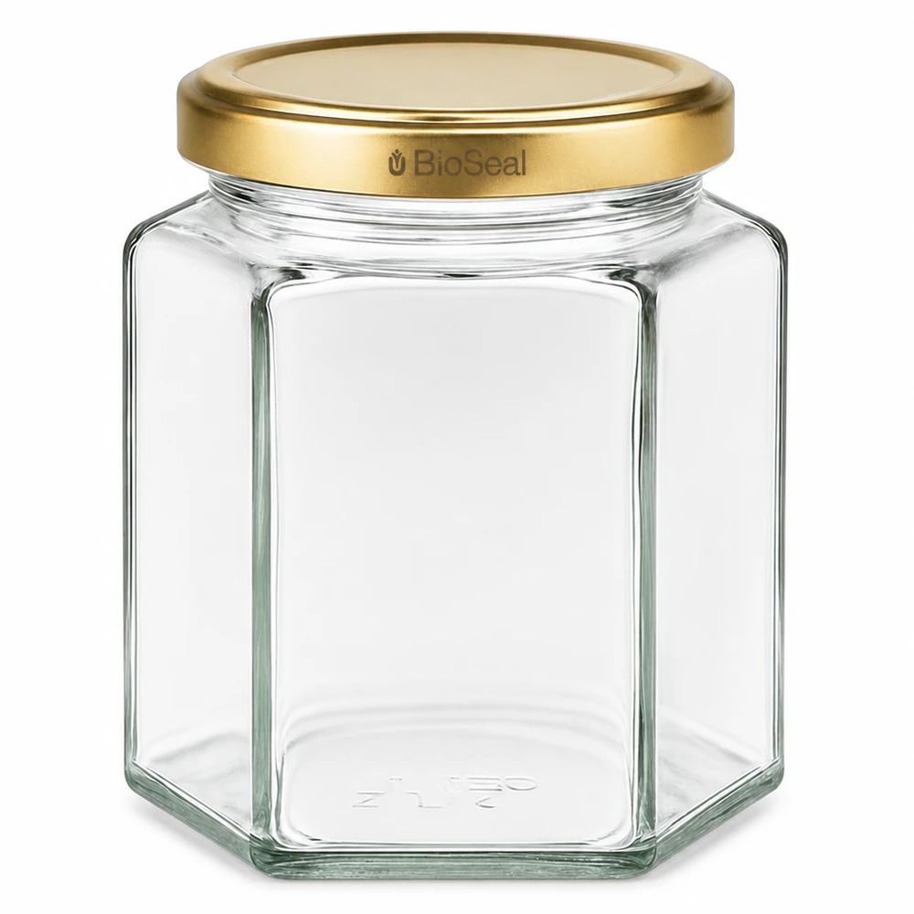 Tarro Hexa 390ml con tapa dorada BioSeal UNiTWIST Tarro de cristal hexagonal UNiTWIST Hexa390 con tapa dorada TO70 BioSeal para alimentos y conservas