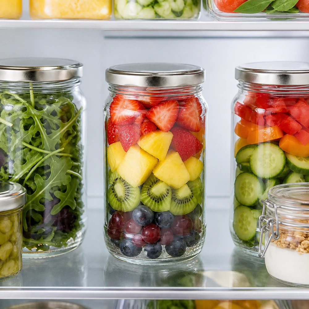 Fruta fresca en un tarro redondo de cristal de 370 ml con tapa BasicSeal plateada, conservada en la nevera