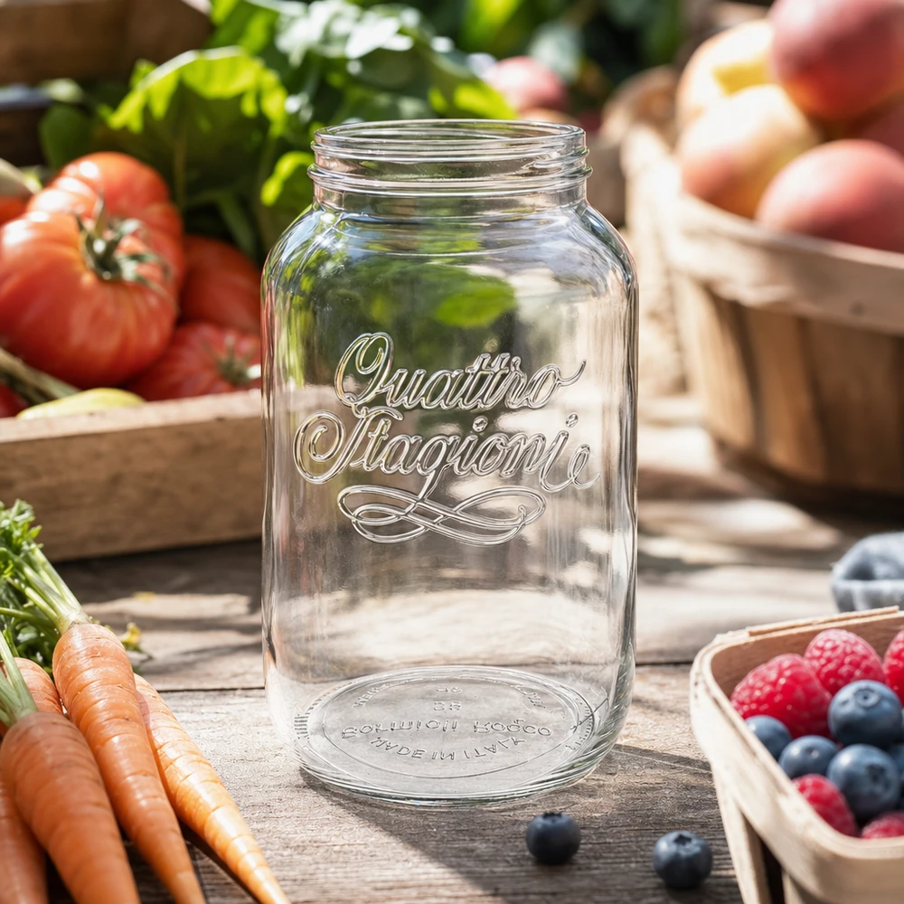 3800ml Tarro para conservas Quattro Stagioni transparente con letras rodeadas de frutas y verduras frescas