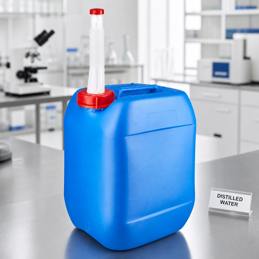 Bidón 10 litros azul con tubo de salida Flex Bidón azul de 10 litros con tubo de salida flexible sobre la mesa de laboratorio, junto al cartel de «Agua destilada»