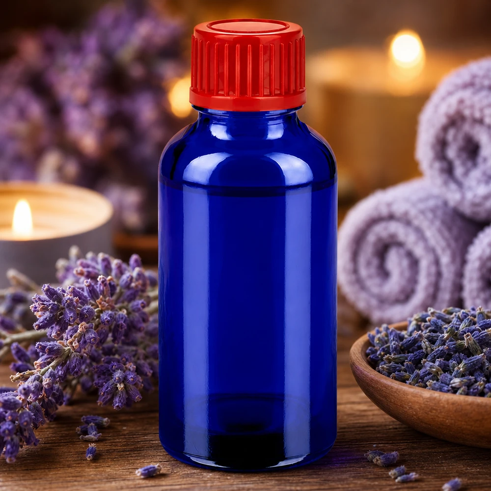 Frasco de vidrio BlueLine de 30 ml de alta calidad con tapón rojo para aromaterapia y bienestar