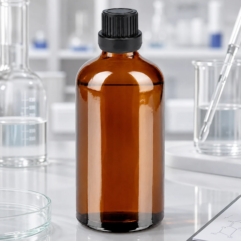 Frasco cuentagotas 100ml 2mm negro cierre inviolable BrownLine UT18/100 Frasco de vidrio de calidad de laboratorio de 100 ml de color marrón con abertura cuentagotas de 2 mm para la dosificación precisa de principios activos farmacéuticos