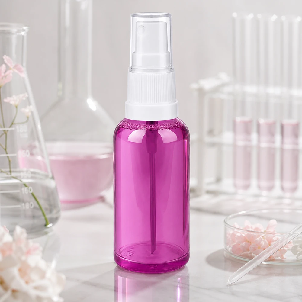 Pequeño pulverizador de plástico de 50 ml en color morado transparente con práctico accesorio pulverizador