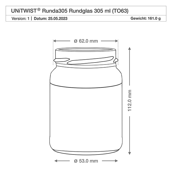 Tarro de cristal redondo de 305ml sin tapa (TO63) UNiTWIST UNiTWIST Runda305 Vaso redondo 305ml TO63 con dibujo técnico Dimensiones Diámetro 62mm Altura 112mm Peso 161g
