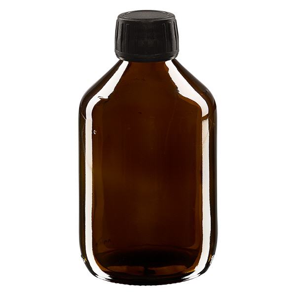 Frasco para medicamentos de 300 ml, marrón, tapón negro con anillo de seguridad ApoGlas Frasco para medicamentos de 300 ml, marrón, tapón negro con anillo de seguridad ApoGlas