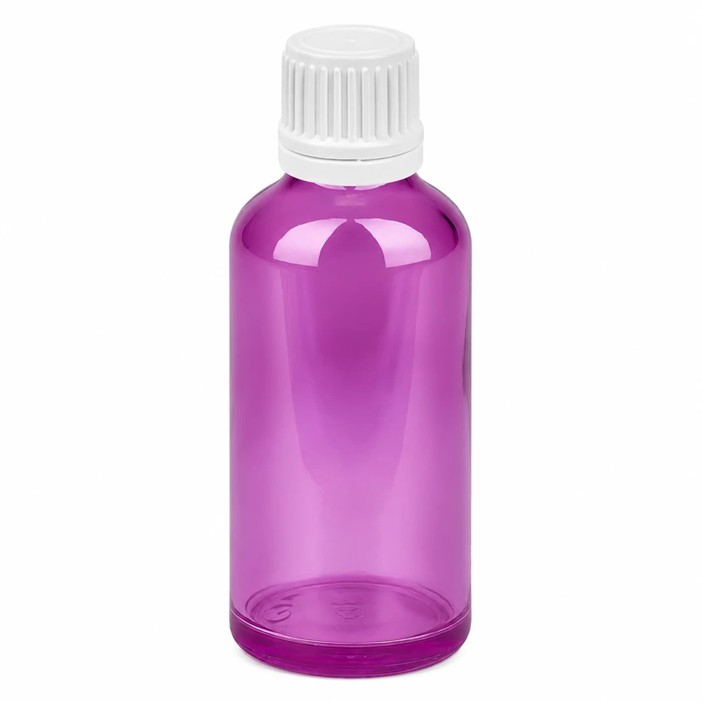 Frasco de cristal morado de 50 ml con tapón de rosca blanco para aceites esenciales y cosméticos