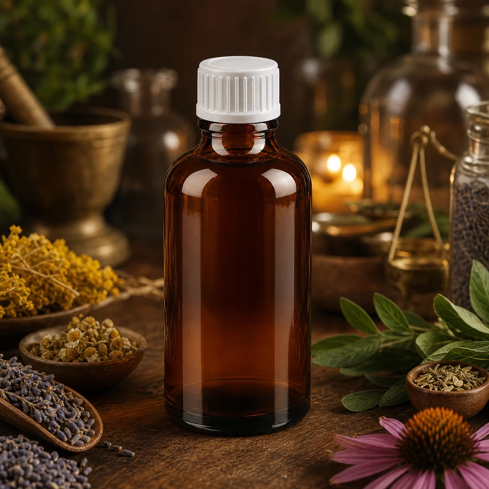 Frasco cuentagotas de 50 ml con cierre estándar blanco de 0,9 mm BrownLine UT18/50 Frasco compacto de cristal de 50 ml con tapón cuentagotas para medicamentos homeopáticos y tinturas