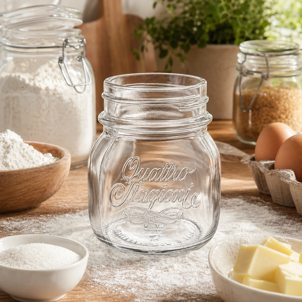 Tarro de conservas Quattro Stagioni de 150 ml sobre tabla de madera con ingredientes de repostería harina huevos mantequilla accesorios de cocina