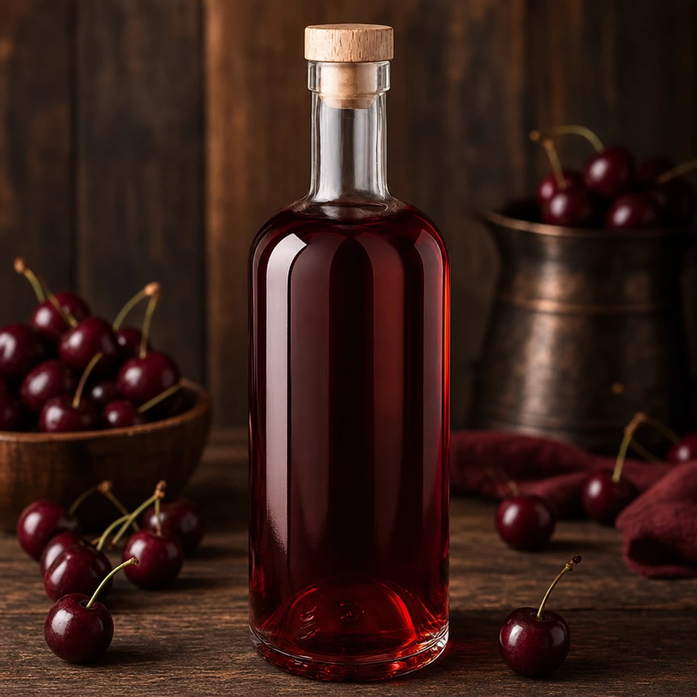 Botella de vidrio de 750 ml «Emma» con tapón de corcho con asa de madera UNiTWIST® Botella de cristal de 750 ml Emma con tapón de madera llena de líquido de cereza roja rodeada de cerezas frescas sobre una mesa de madera