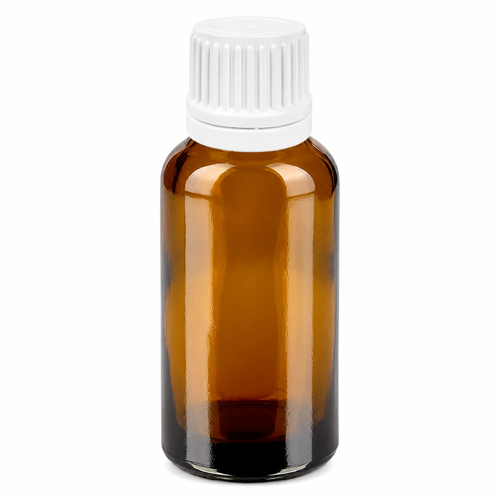 Frasco cuentagotas de vidrio ámbar de 30 ml con tapón blanco y abertura de 0,7 mm para una dosificación precisa