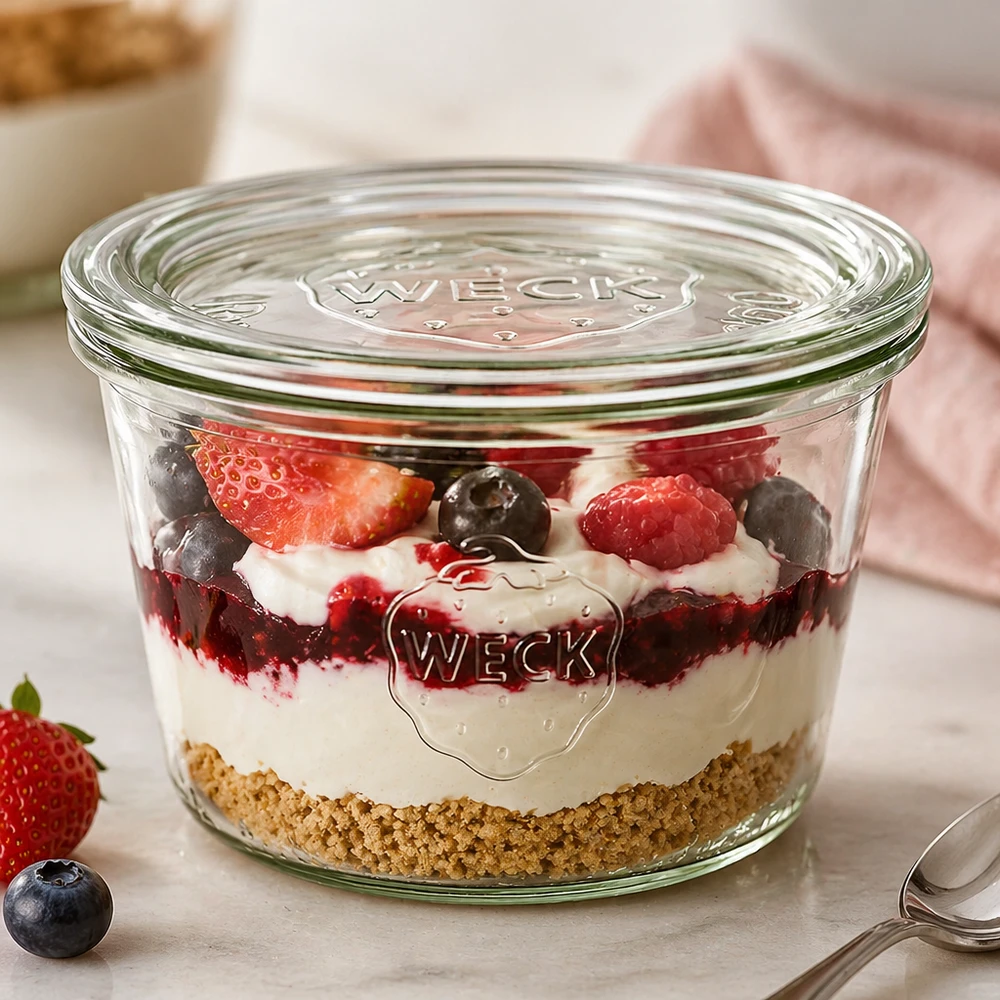 Vaso WECK 370ml RR100 con postre de capas de crema base de galleta y bayas utilizado como tarro de postre
