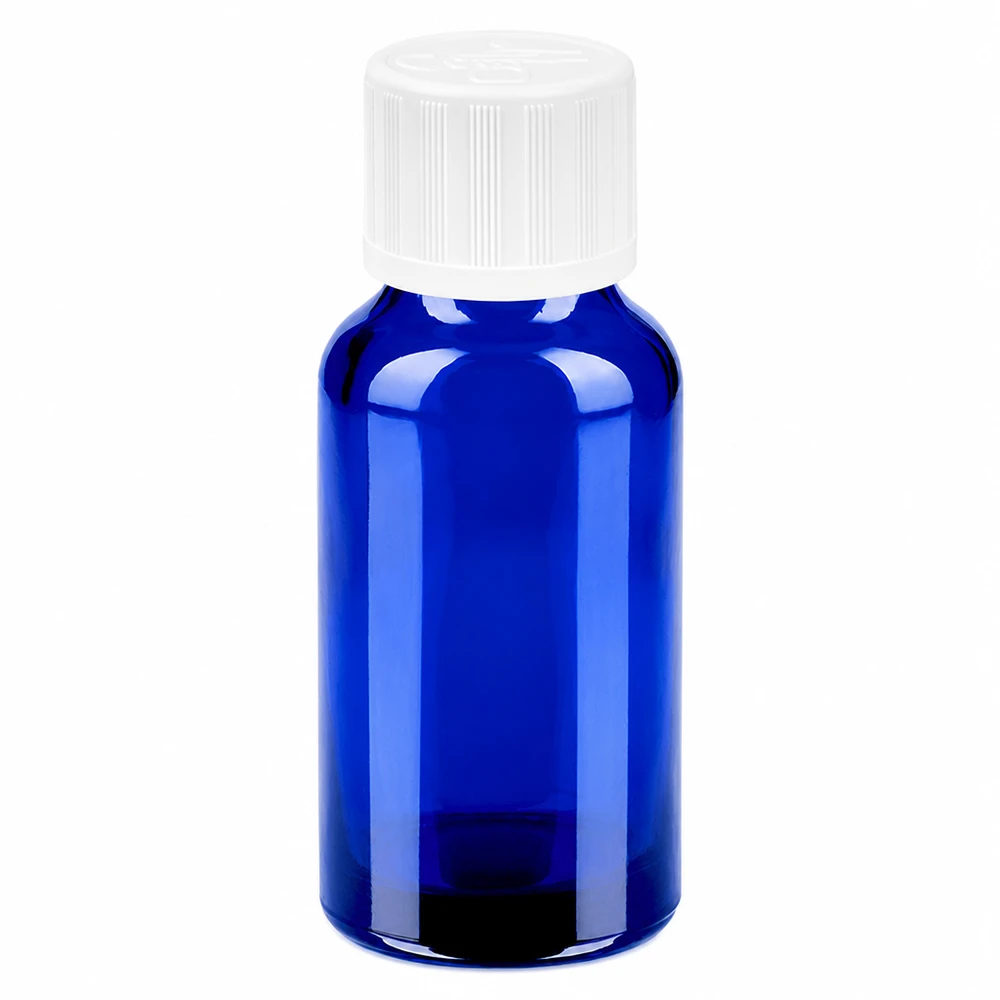 Botella 20ml 11mm tapón rosca blanco con precinto de seguridad BlueLine UT18/20 Frasco de vidrio azul de 20 ml con tapón de rosca blanco para aceites esenciales y cosméticos