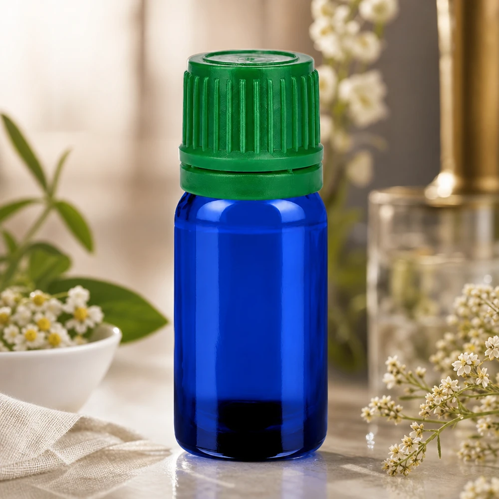 Botella de cristal BlueLine de 5 ml con tapón verde antideslizante para un almacenamiento seguro