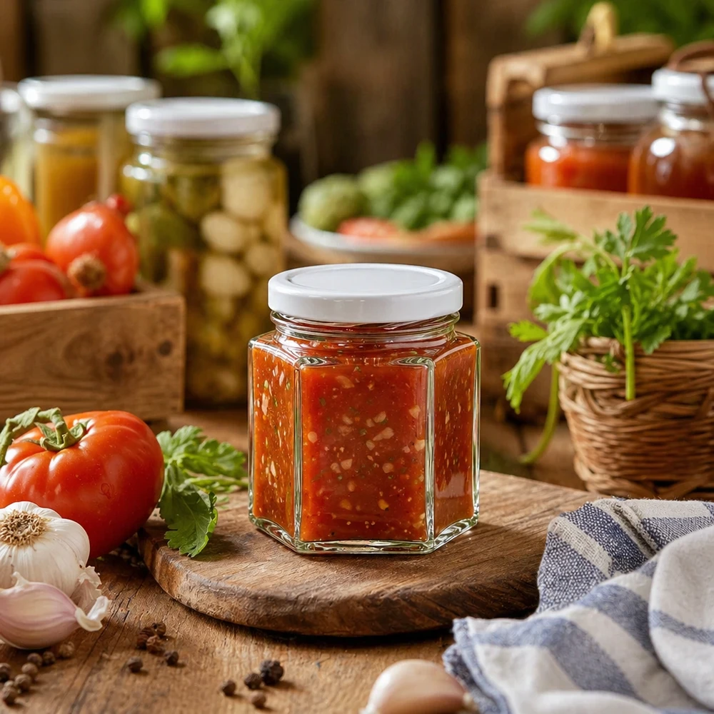 Tarro hexa 47ml con tapa BasicSeal blanco UNiTWIST Tarro hexa de 47 ml con tapa BasicSeal lleno de salsa de tomate entre tomates frescos y hierbas sobre una tabla de madera
