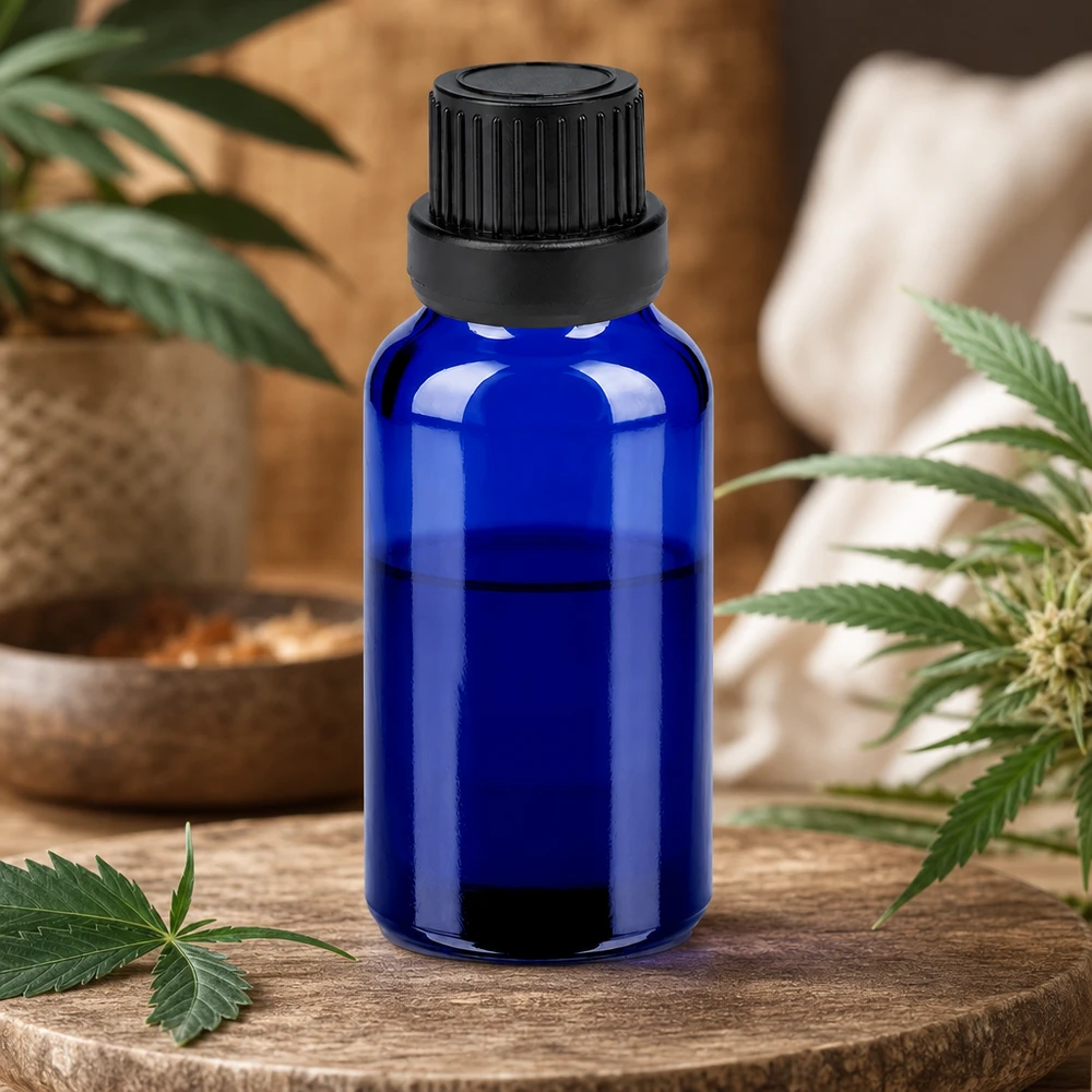 Frasco compacto de vidrio azul de 20 ml con tapa negra ideal para cosméticos de bricolaje