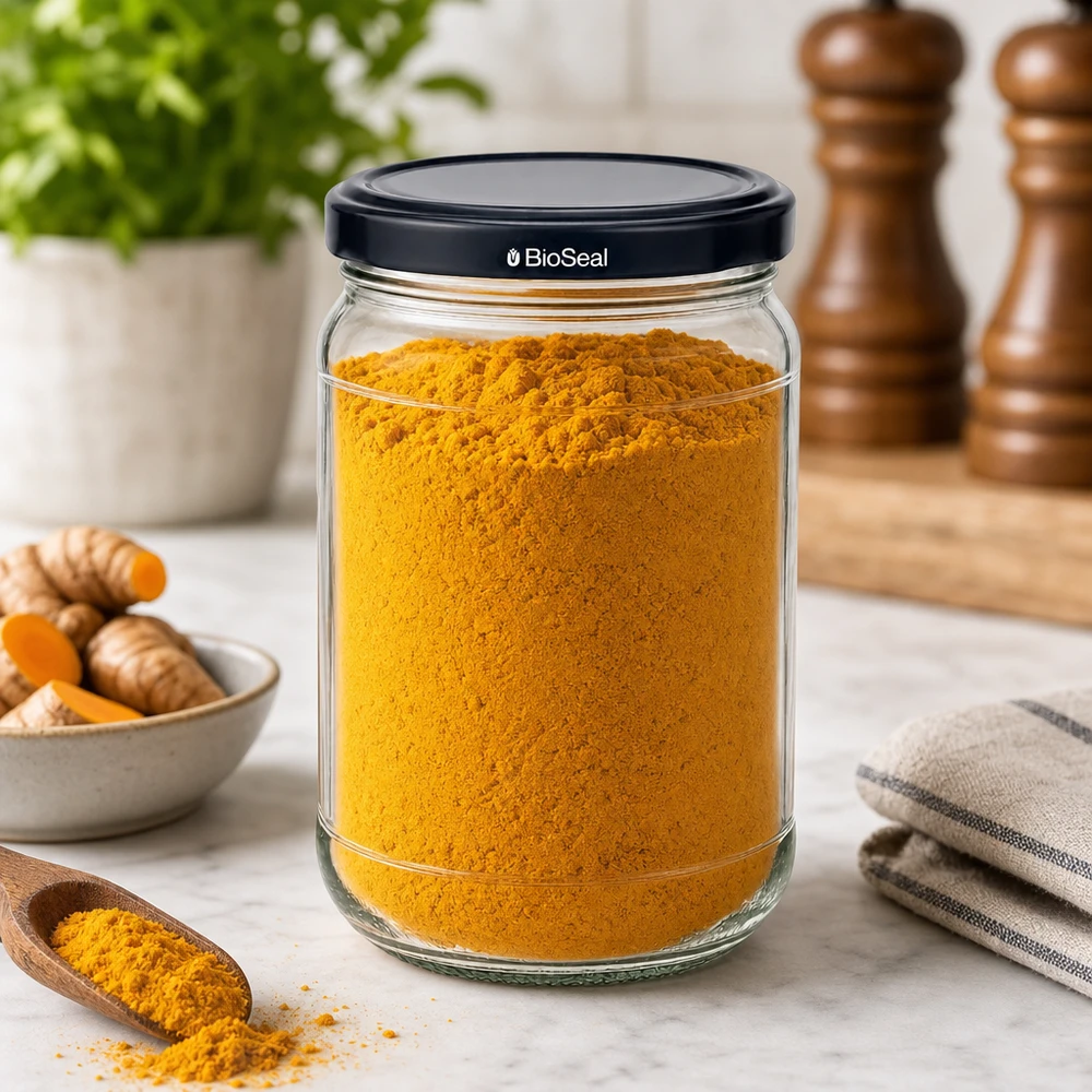 Tarro redondo de 305 ml + tapa BioSeal negra UNiTWIST UNiTWIST Runda305 Vorratsglas mit schwarzem BioSeal Deckel gefüllt mit Kurkuma in stylischer Küchenumgebung