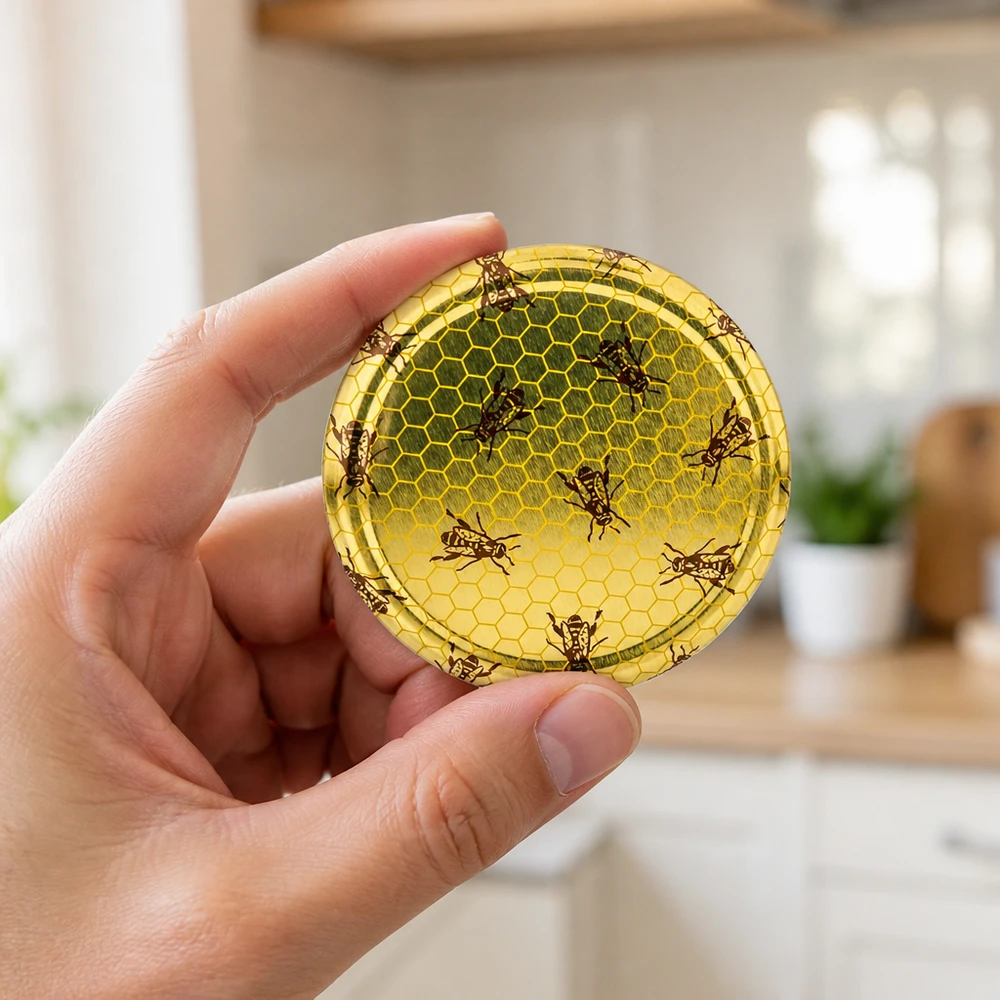La mano sostiene una tapa de rosca BasicSeal redonda de 82 mm con diseño de panal de abeja en color amarillo verdoso