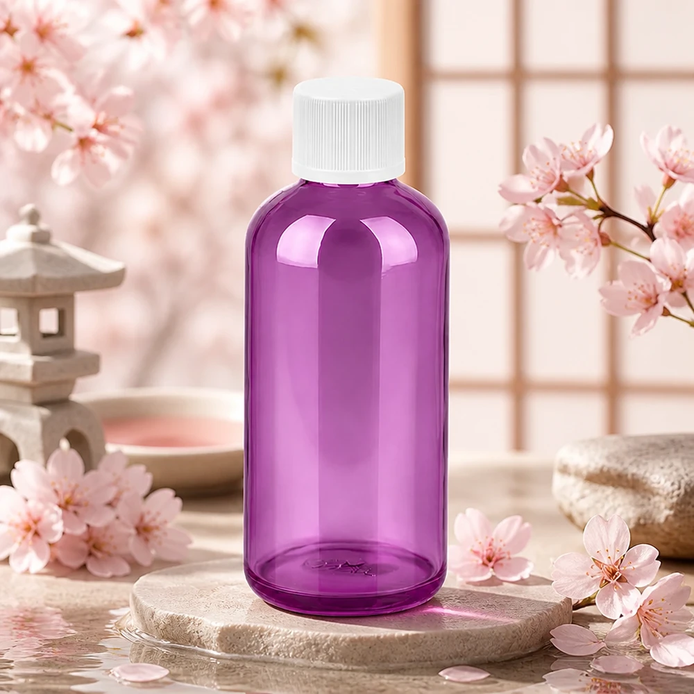 Botella PET de alta calidad de 100 ml de color morado con tapón de plástico blanco resistente