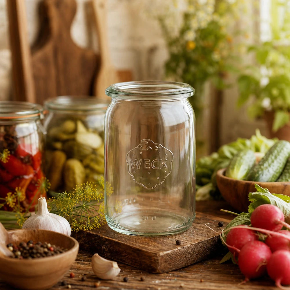 Tarro cilíndrico WECK RR40 145ml en cocina rústica dispuesto decorativamente con verduras frescas e ingredientes de conserva