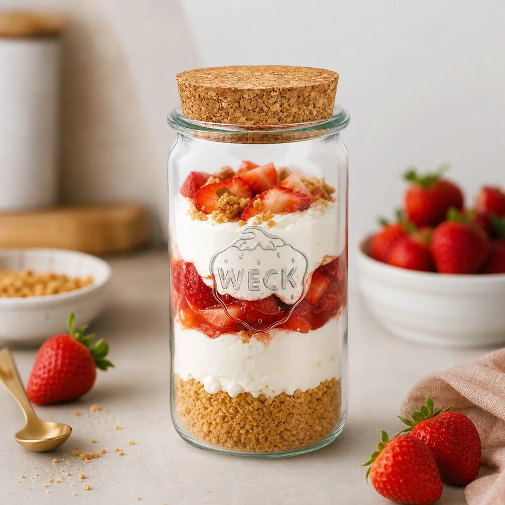 Tarro cilíndrico de 340ml WECK RR60 con corcho natural WECK tarro 340ml RR60 como tarro de postre relleno de fresas con nata muestra el uso versátil del tarro de corcho