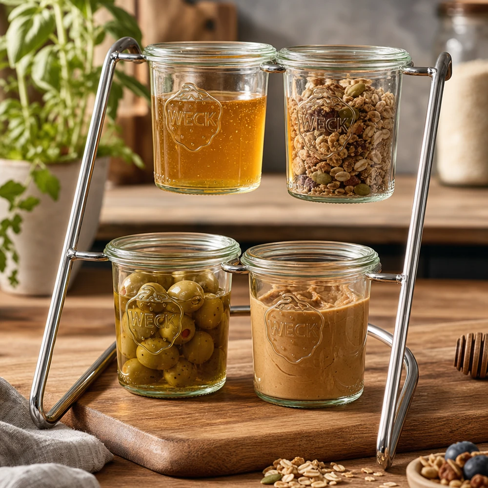 Portavasos Flato4 para 4 vasos WECK WECK rejilla para servir Flato4 rellena de miel, frutos secos y aceitunas - versátil soporte de cristal para la decoración de la cocina