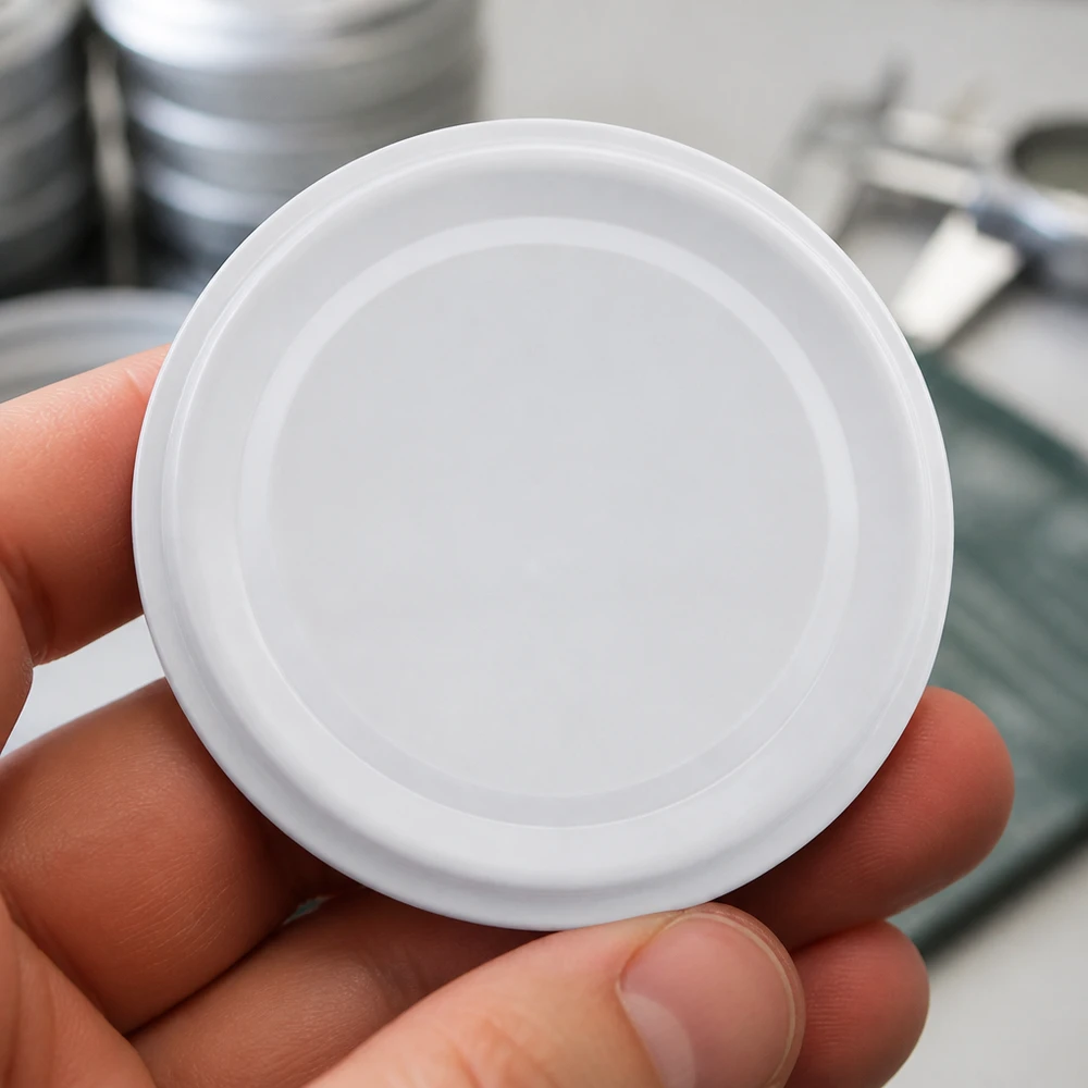 Tapa BasicSeal de 58 mm, blanca (TO58deep) UNiTWIST Vista superior de la tapa blanca BasicSeal de 58 mm, modelo TO58deep, con cierre UNiTWIST, forma redonda y anillos concéntricos
