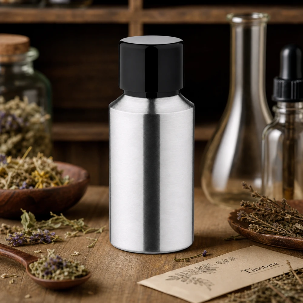 Frasco de aluminio pulido de 30 ml con tapón negro ideal para esencias y tinturas de hierbas