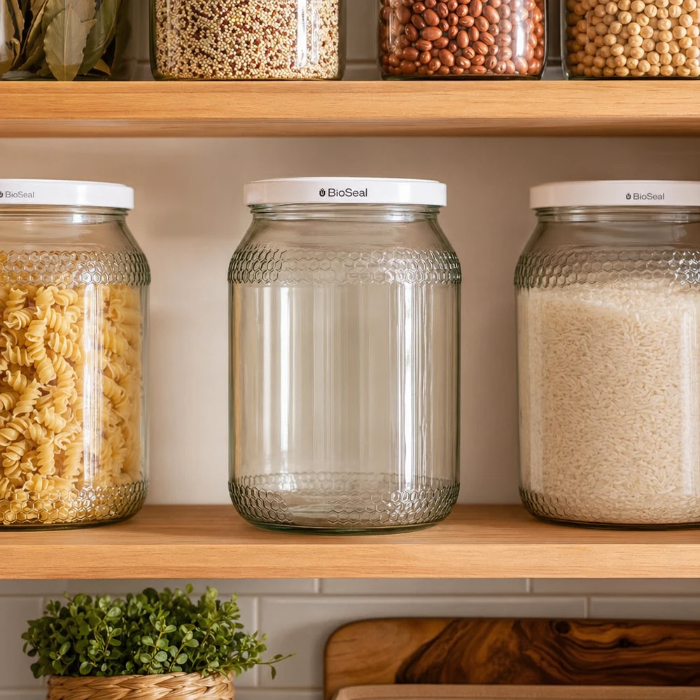 Tarro de miel de 900 ml con tapa blanca BioSeal en el estante entre la pasta y el arroz como solución de almacenamiento en la cocina