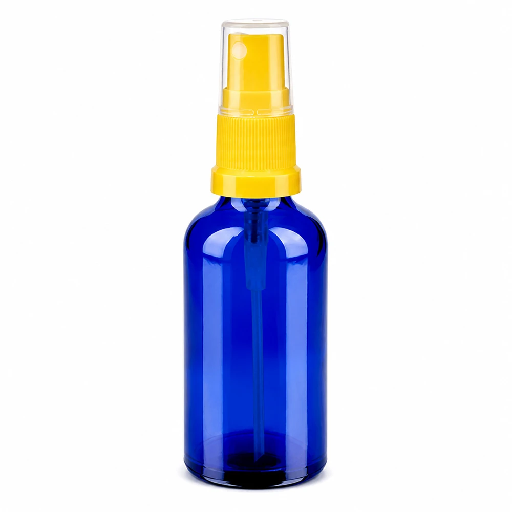 Frasco pulverizador de 50 ml azul con cabezal de vidrio amarillo para cosméticos y aceites esenciales